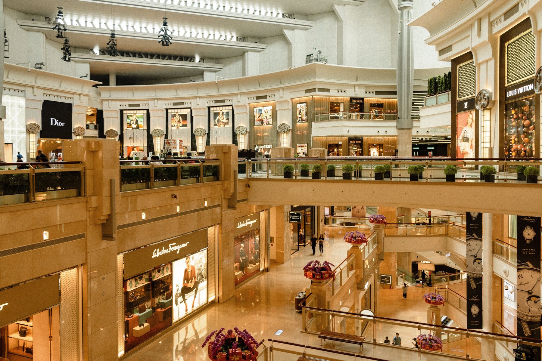 Modern shopping mall interior with open public corridors