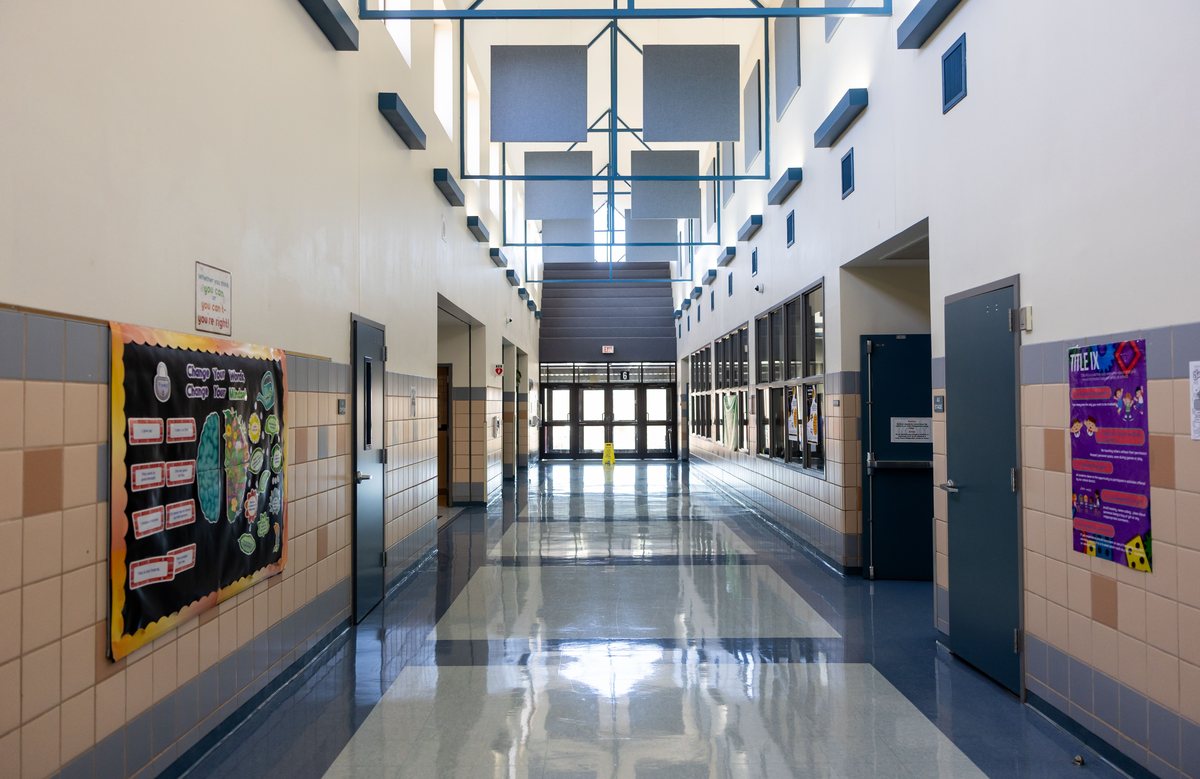 Bright institutional school hallway